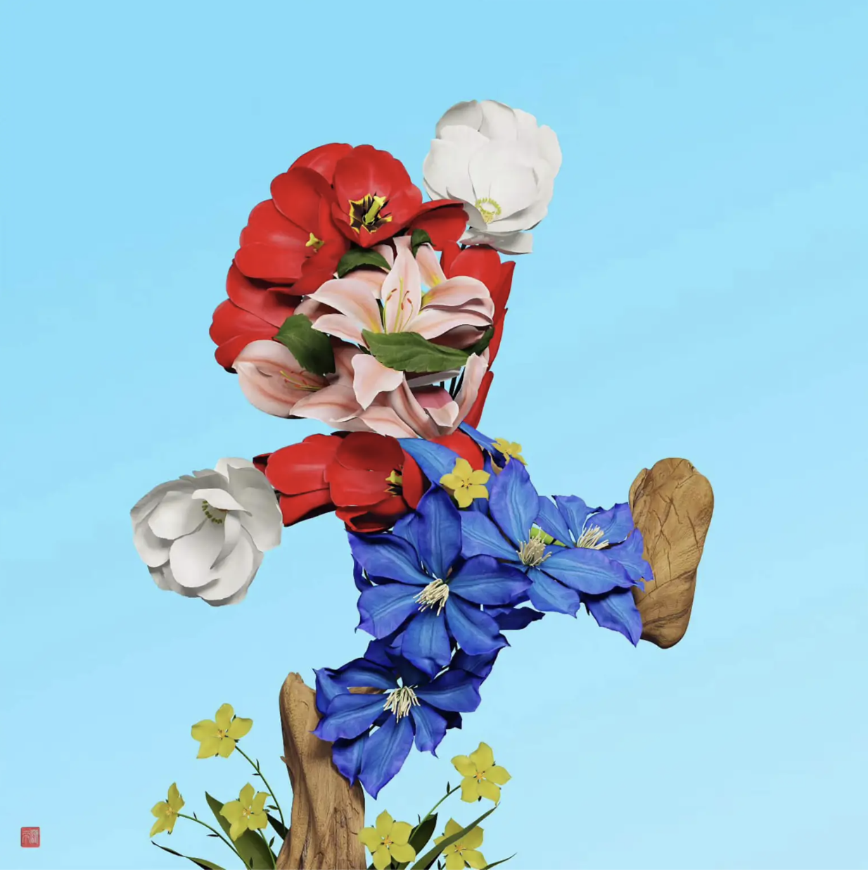 Image of Mario (of Super Mario) made of flowers by artist Raku Inoue