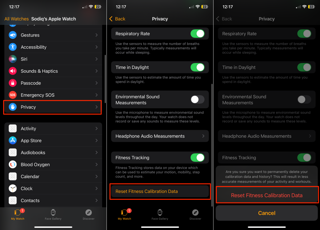 Steps to reset an Apple Watch's fitness calibration data on an iPhone