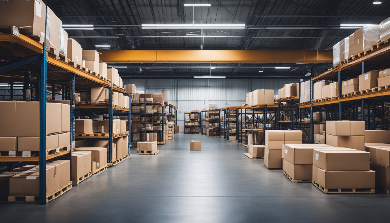 A warehouse with labeled boxes and a conveyor belt. One side shows FBA (Fulfillment by Amazon) with efficient organization, while the other side depicts FBM (Fulfillment by Merchant) with more manual handling