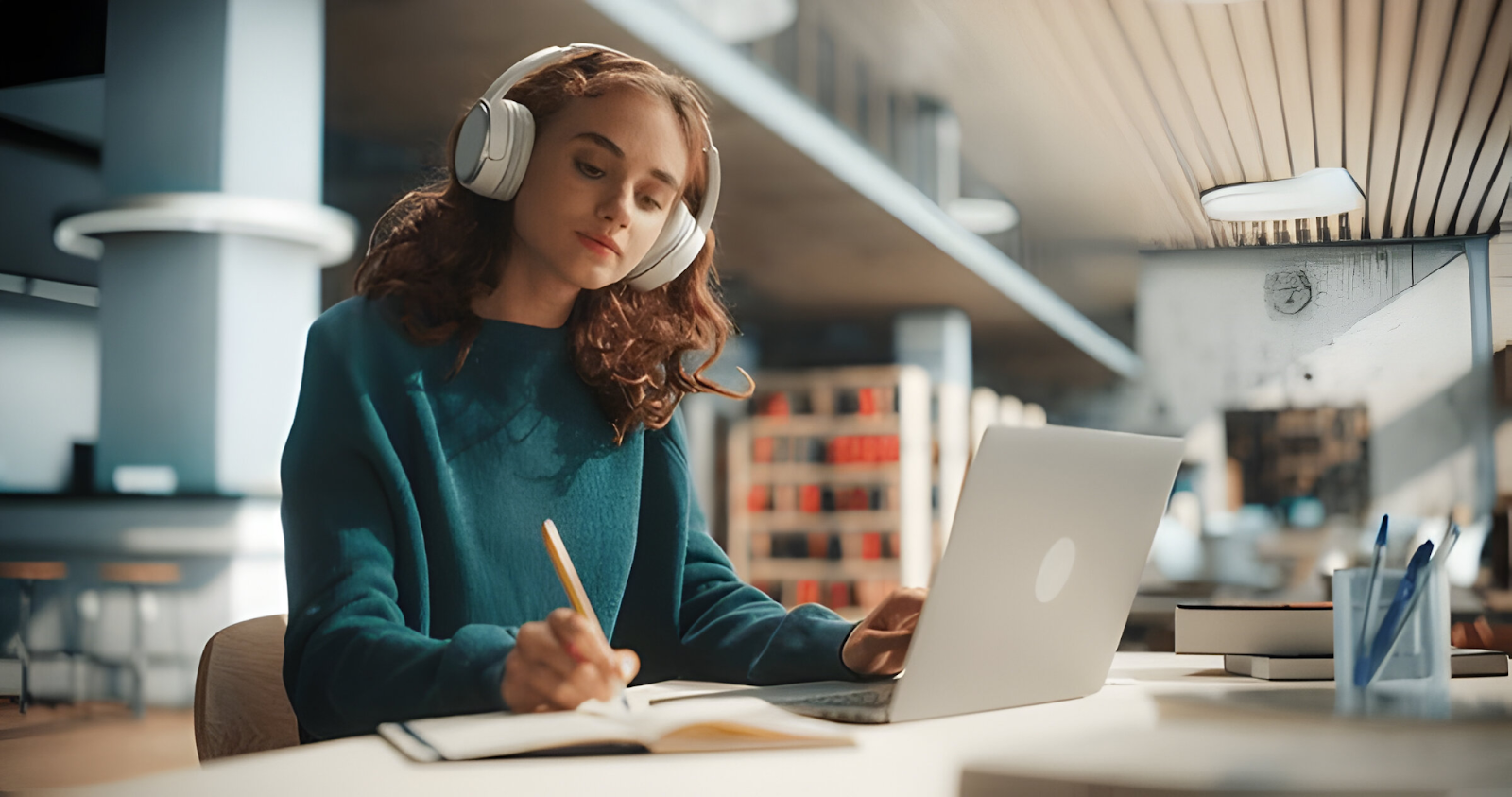 Student wearing headphones studying with a laptop and notebook, representing the educational requirements for becoming a CPA or accountant.