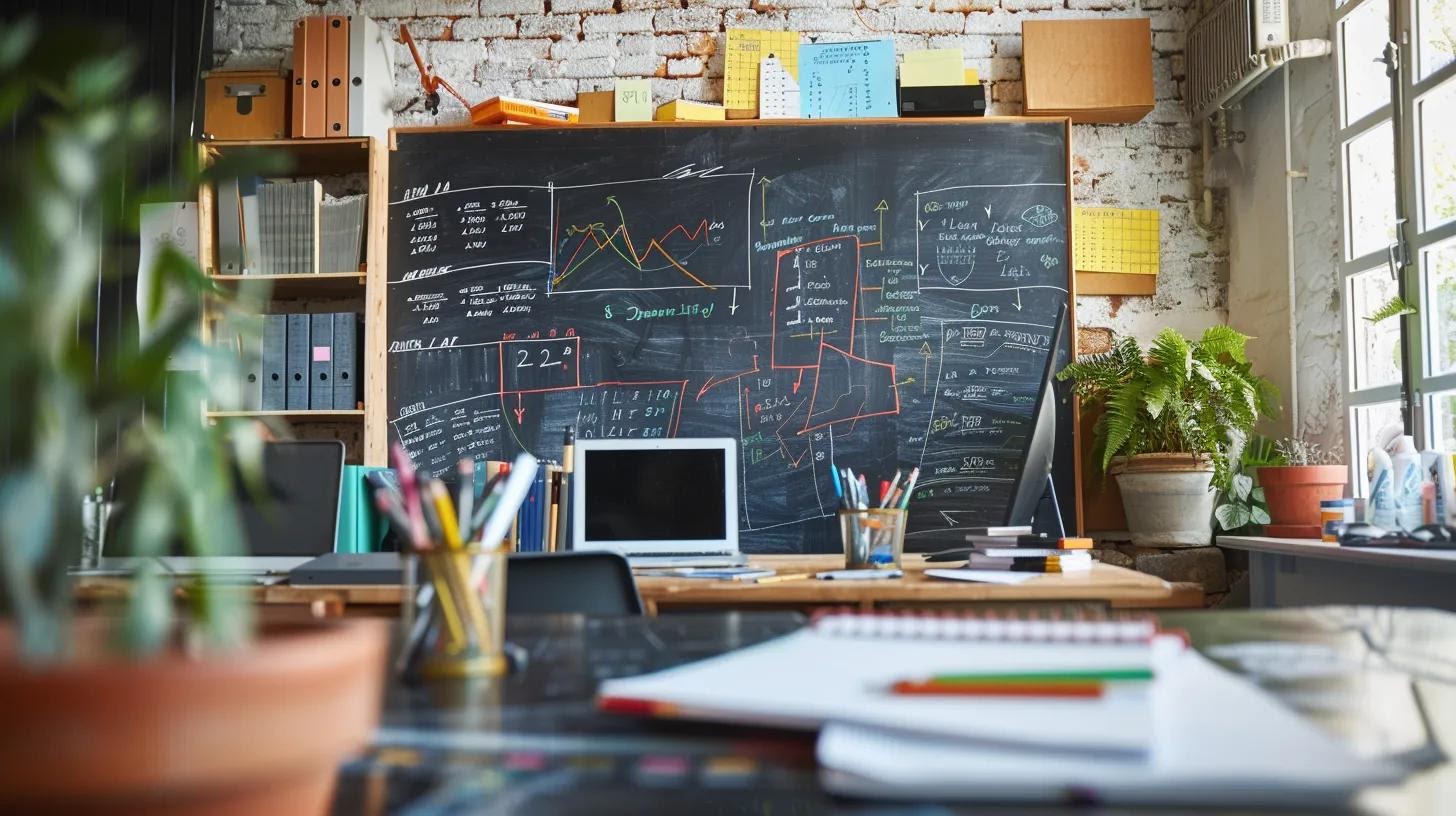 a modern office workspace showcases a vibrant chalkboard planner filled with colorful timelines and budget charts, emphasizing organized strategies for optimal cleaning service planning amidst sleek cleaning supplies and luxurious equipment.