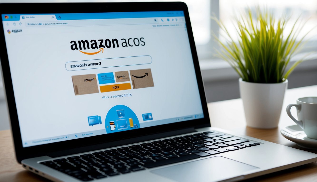 A laptop displaying Amazon's website with a search bar open and the words "What is Amazon ACOS" typed in