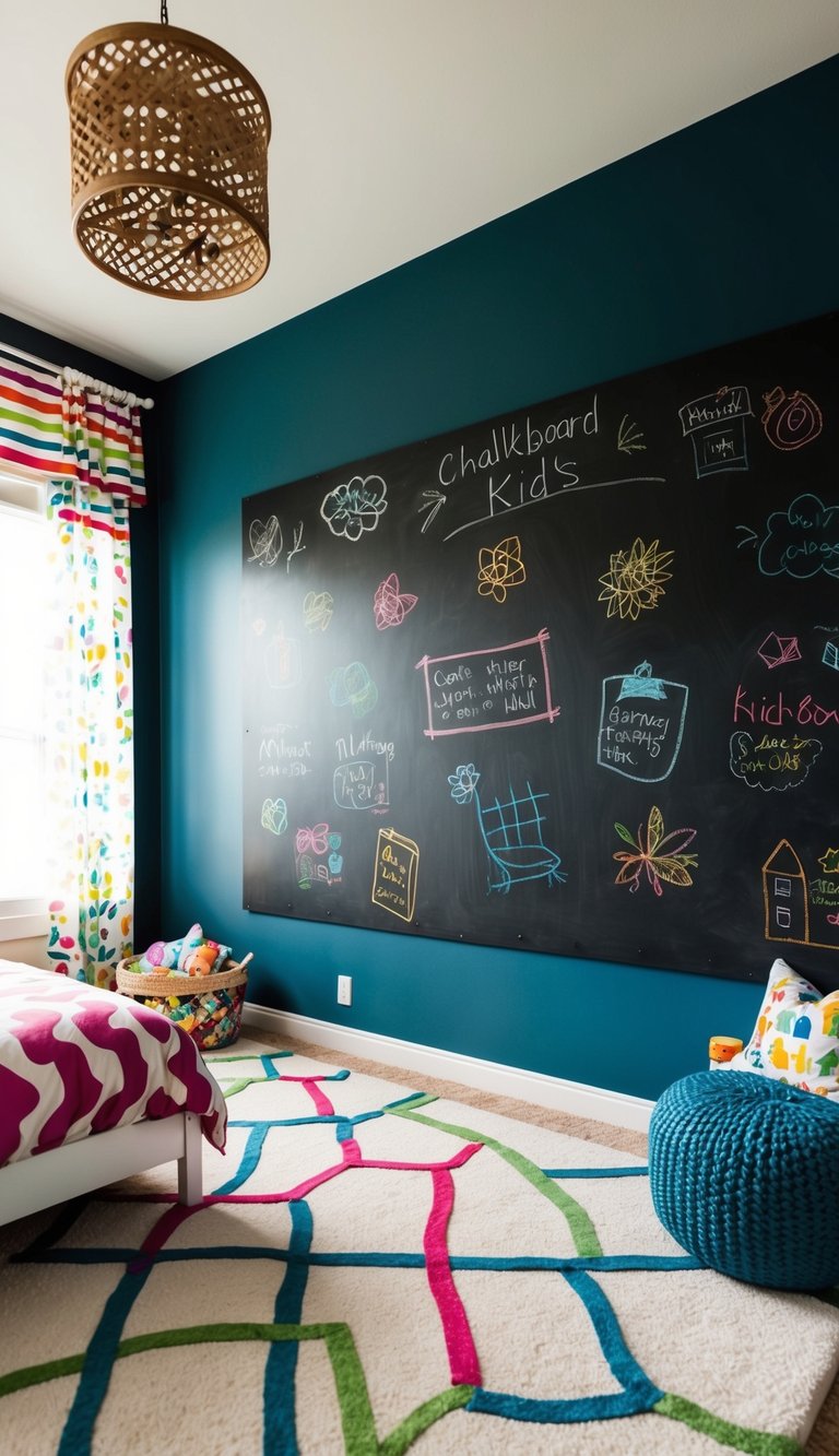 A chalkboard accent wall in a vibrant kids' bedroom, adorned with colorful drawings and doodles