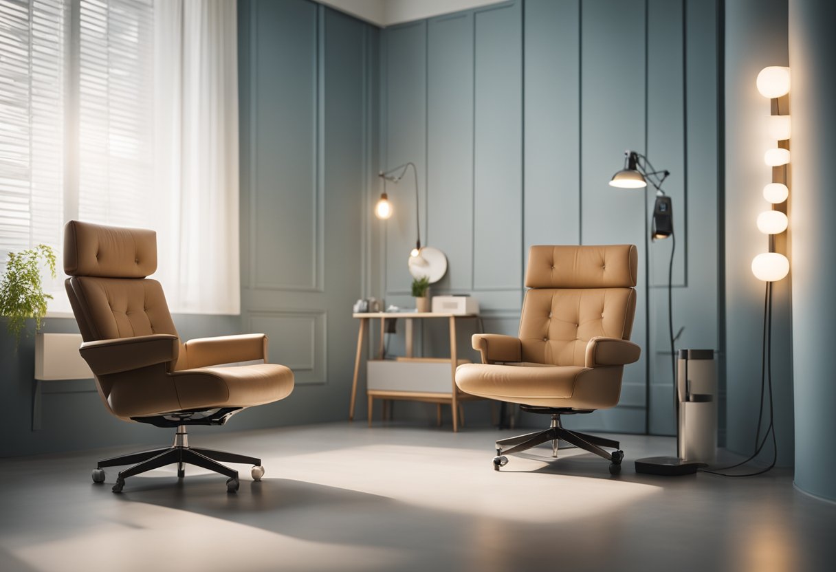 A serene, minimalist room with soft lighting and a comfortable chair, where a person receives a consultation for neurotoxin injections