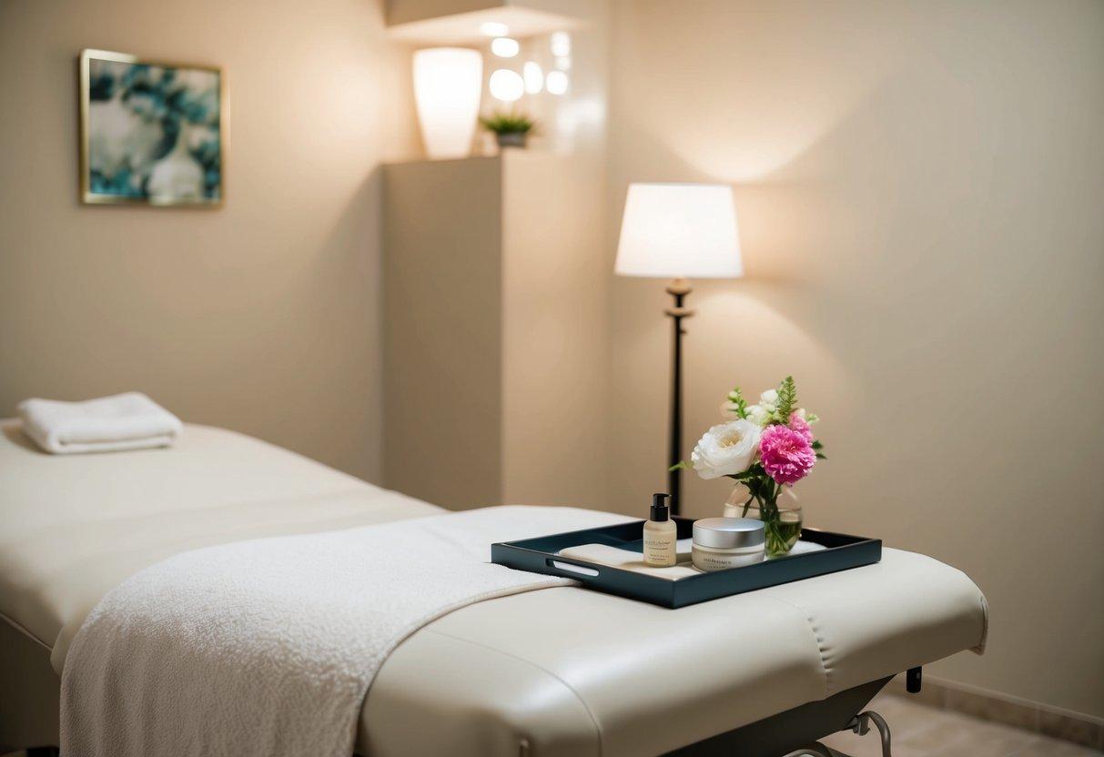 A serene spa room with a comfortable treatment bed, soft lighting, and soothing decor. A tray of skincare products and a vase of fresh flowers add to the tranquil atmosphere