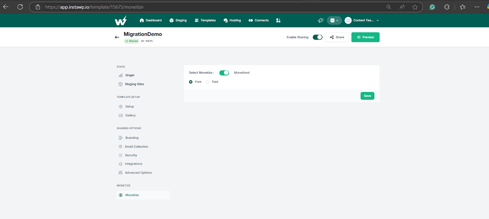Monetize the template for website as a service in InstaWP. 