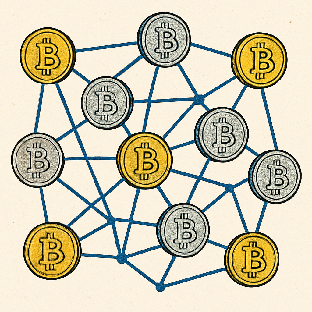 Illustration of a blockchain network with gold and silver coins