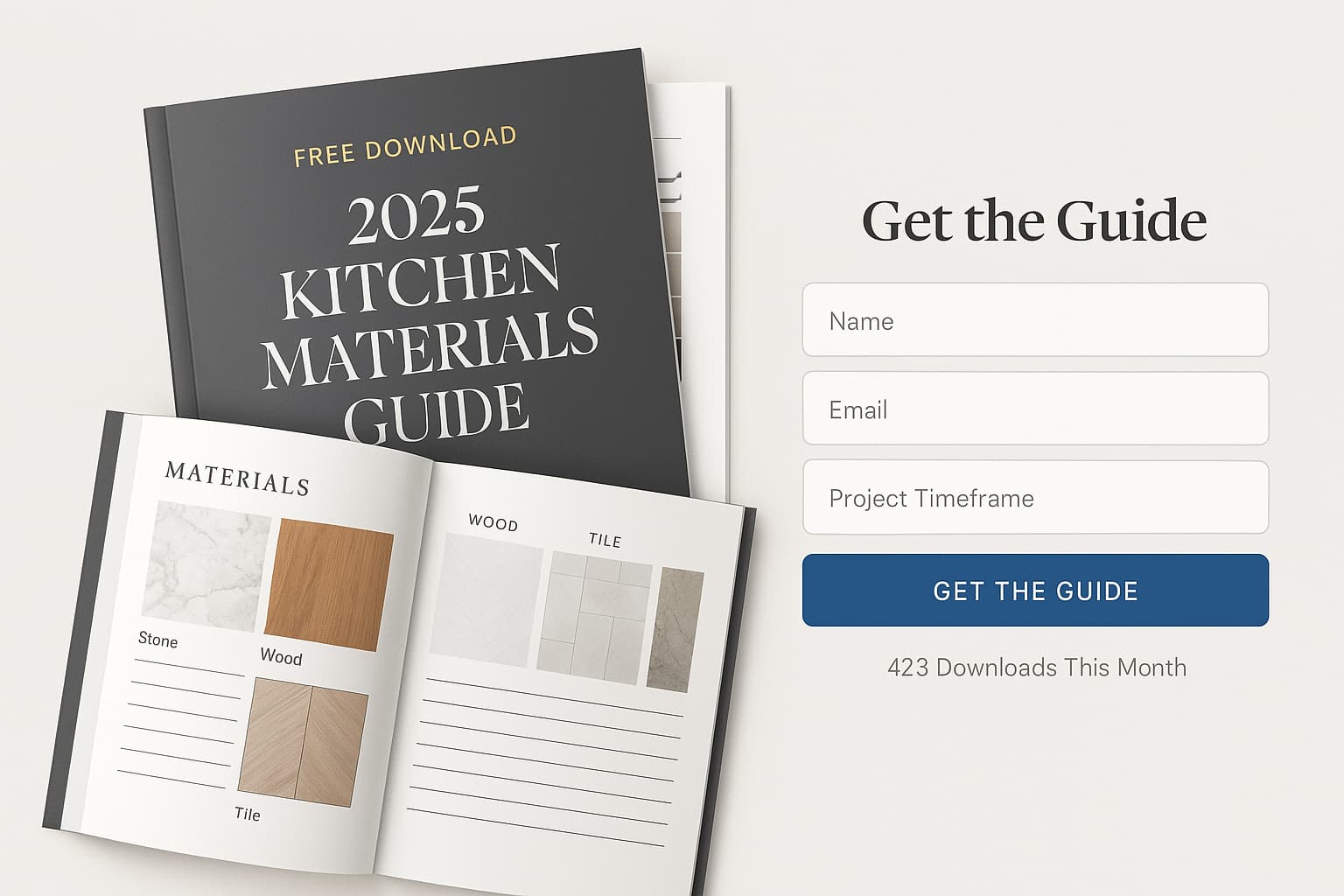 Free 2025 Kitchen Materials Guide download lead magnet with contact form showing 423 downloads this month for home improvement lead generation.