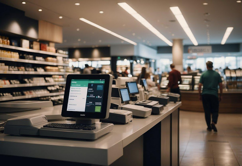 A bustling retail store with various products on display, a cashier using a POS system to process transactions, and a line of customers waiting to make purchases