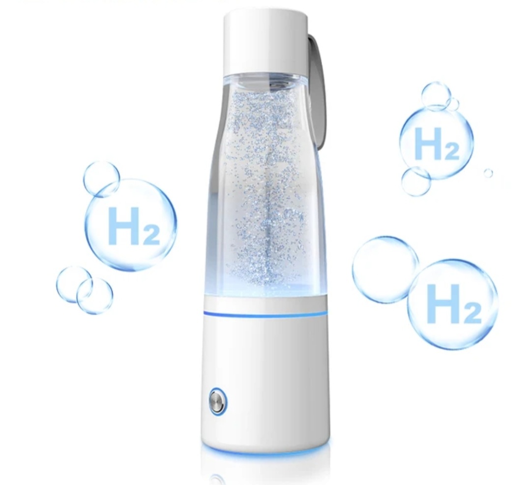 hydrogen water bottle with h2 bubbles arount it