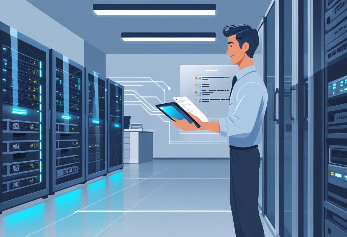An IT technician in a server room preparing to replace old hardware with new components, surrounded by servers and digital data flow visuals.