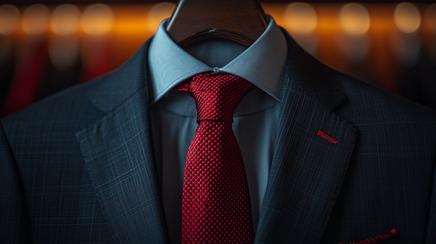 A close-up image of a bold red tie hanging on a hanger, ready to complement a black suit. The tie stands out with its vibrant color, perfect for events where you want to make a statement. The lighting emphasizes its striking hue. Ultra-detailed, 8K resolution.