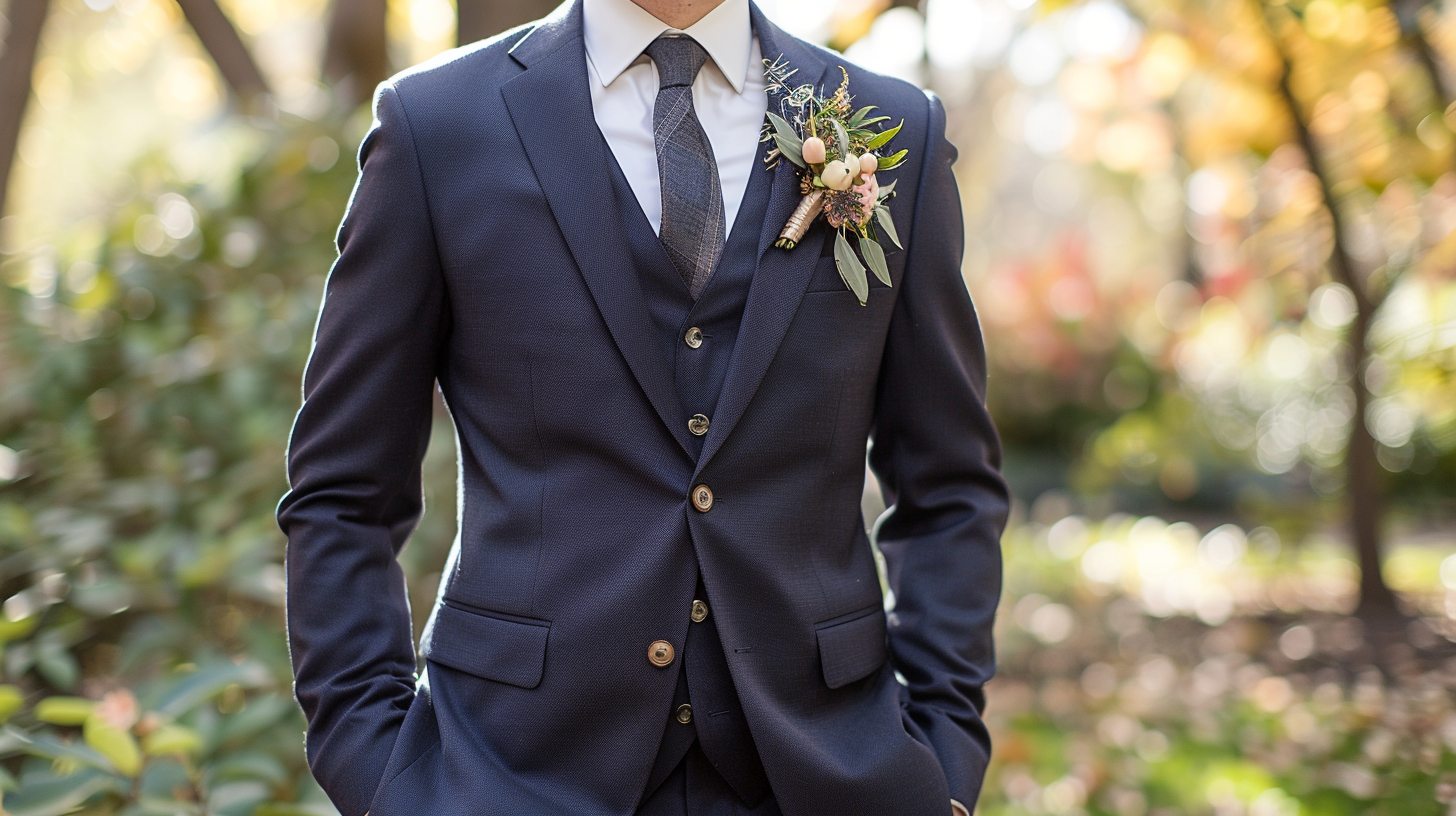 Man wearing a traditional navy, charcoal, or black suit with a notch-lapel jacket and matching trousers, white dress shirt and tie, standing in a formal wedding setting. Timeless and elegant.