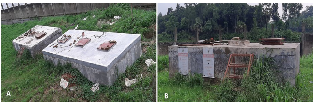 Disposal pit for dead and culled birds of a breeder farm in Bangladesh. A) Top view. B) Side view.