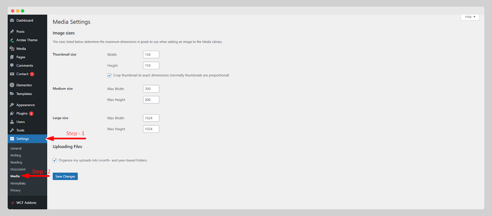 WordPress dashboard to navigation to Media Settings. 