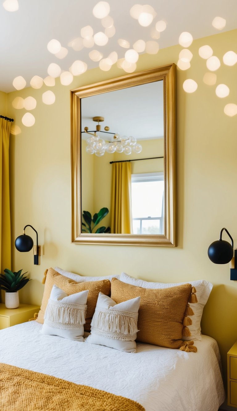 A gold-framed mirror hangs above a yellow bedroom with cozy decor and 21 unique design ideas