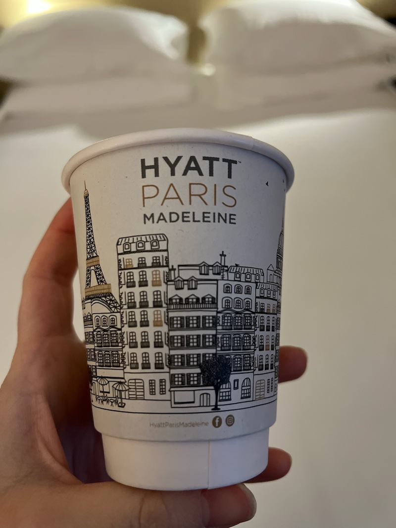 Fancy Hyatt Paris Madeleine branded cups. 