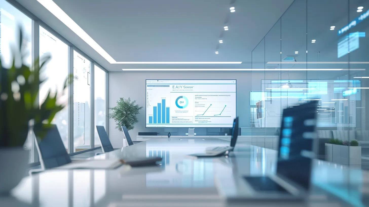 a sleek, modern office workspace with a high-tech monitor displaying an eye-catching webpage optimised for search engines, featuring strategically placed title tags and headers, all illuminated by focused artificial lighting to enhance the visual impact of digital marketing elements.