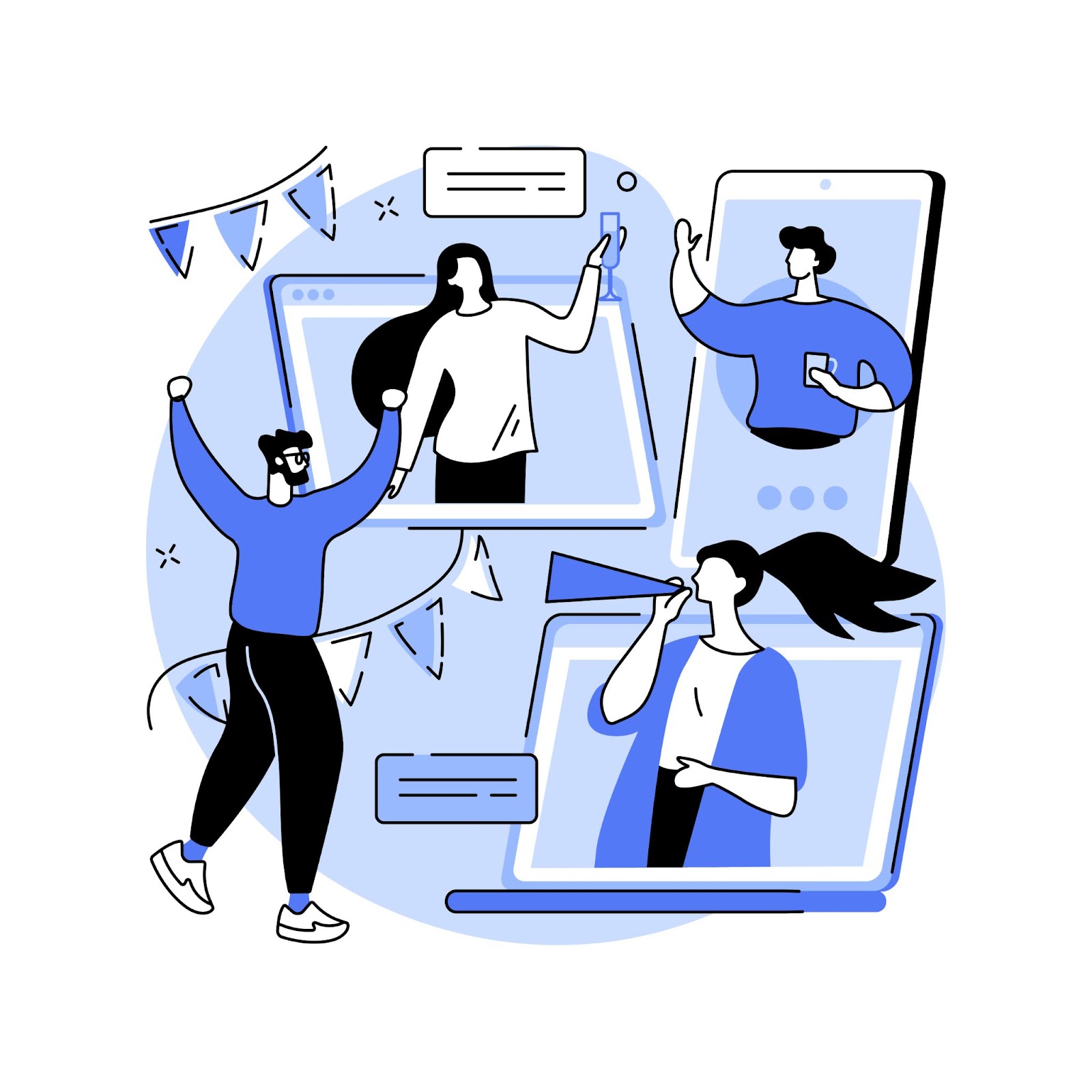 (Illustration of four people interacting with devices; one raises arms in excitement, others hold smartphones, and a person speaks through a megaphone. The blue and white color scheme with geometric shapes underscores the vibe of interactive virtual activities.)