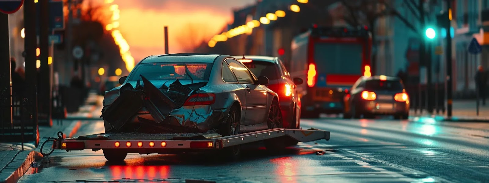 a car being towed away on a flatbed truck after a serious accident.