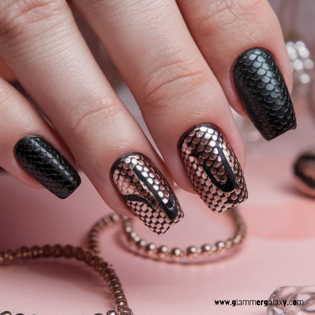 Black and Rose Gold Nail Designs having Snake Skin Inspired Black and Rose Gold Design
