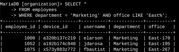 Screenshot of the command line with the SQL query for this task and its output