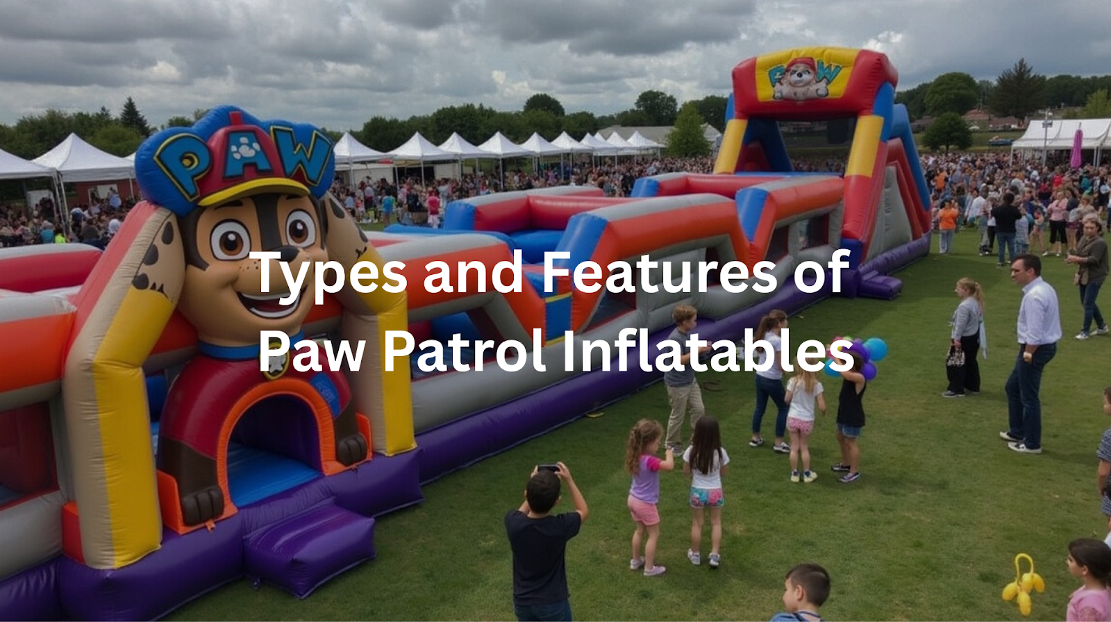 Massive Paw Patrol-inspired inflatable attraction, set against a backdrop of tents and a crowd of attendees, offering a fun and exciting activity for kids at an outdoor event.