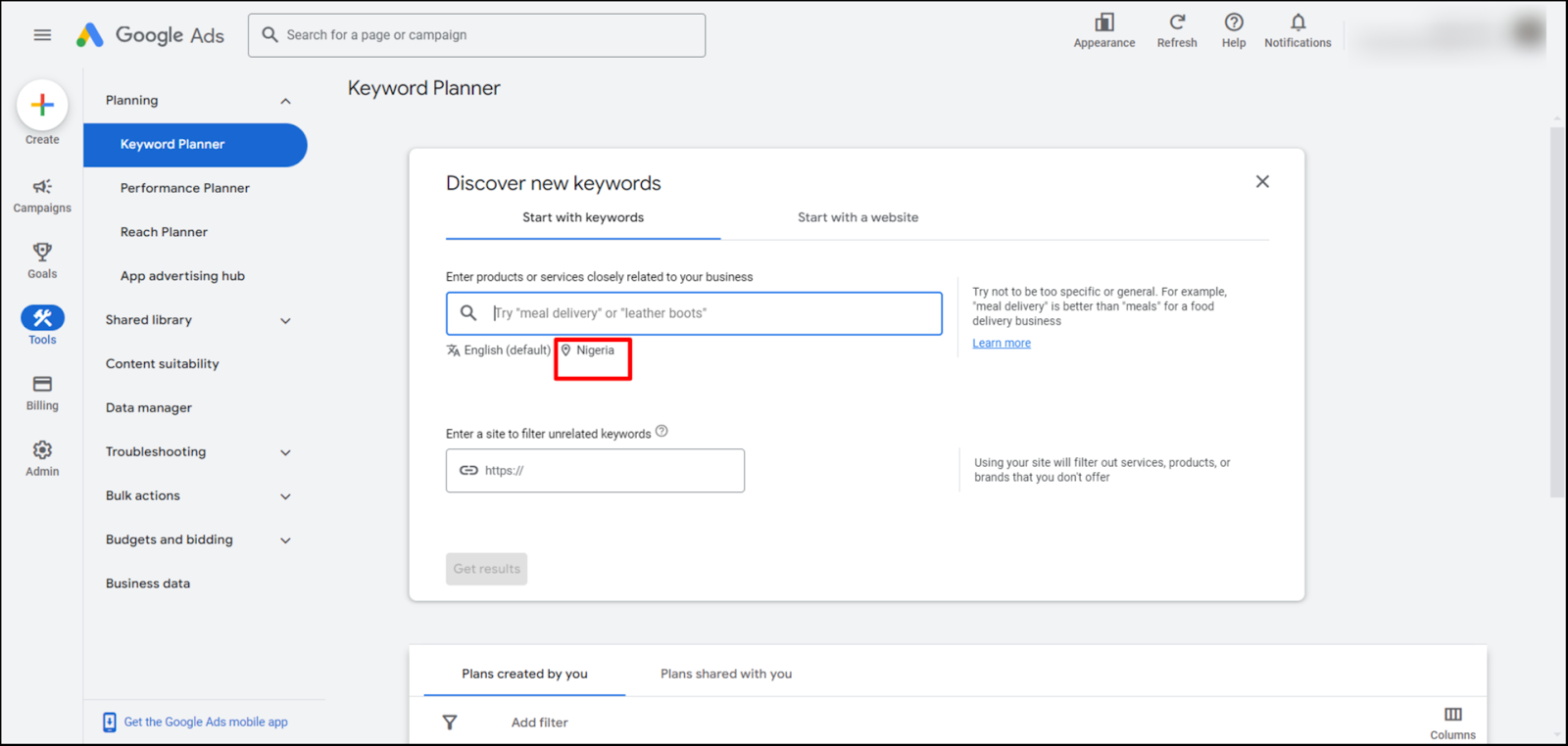 Google Keyword Planner showing the current geographic location of a search