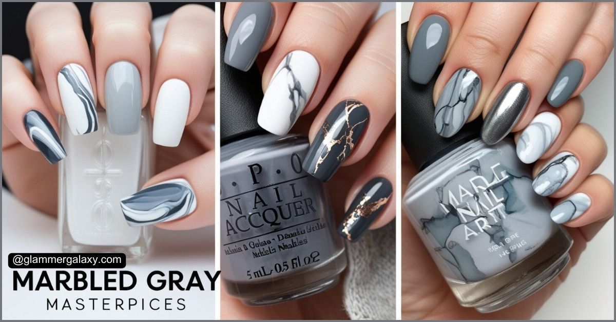 Three images of hands with marbled gray nail art, featuring O.P.I products.