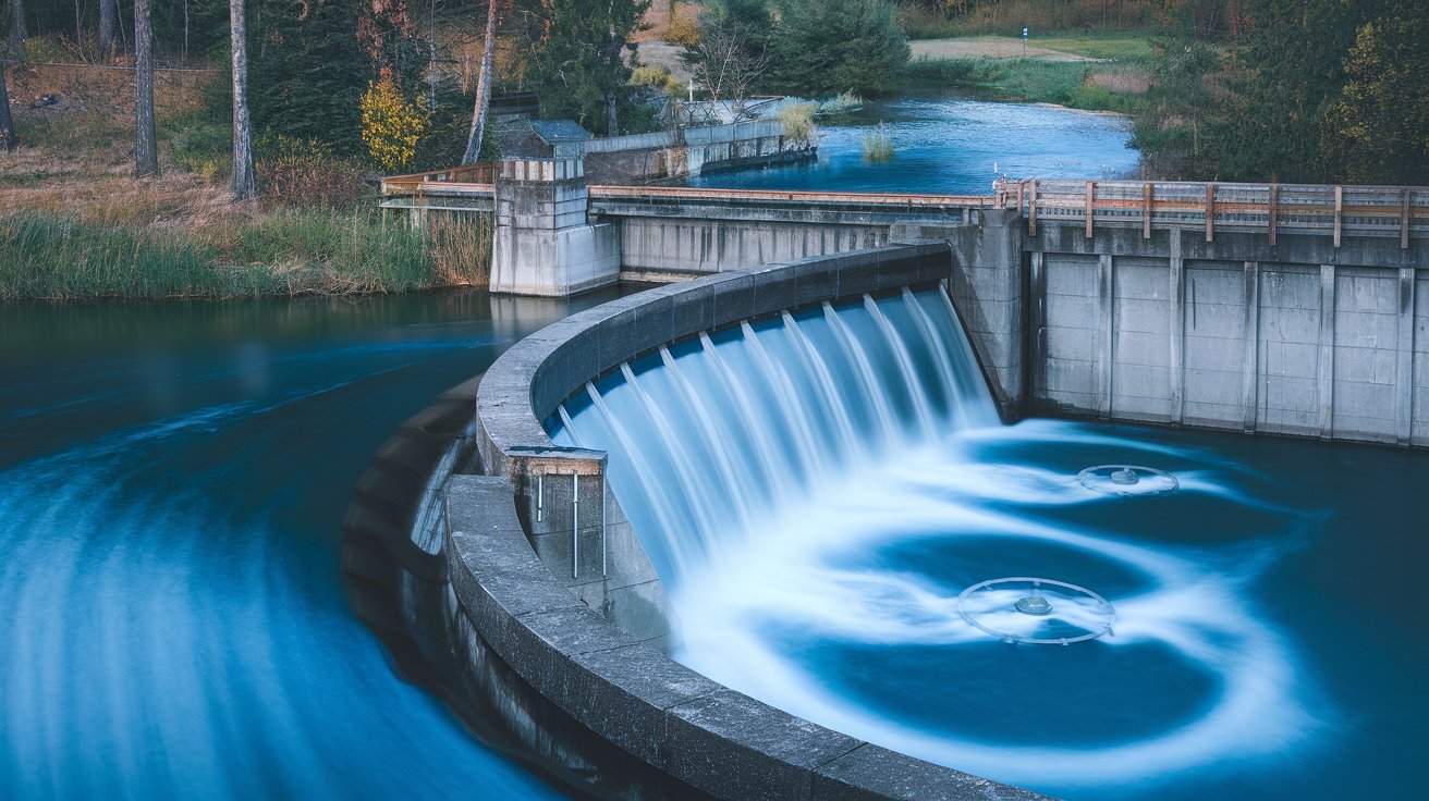 A dam with flowing water and turbines generating electricity.