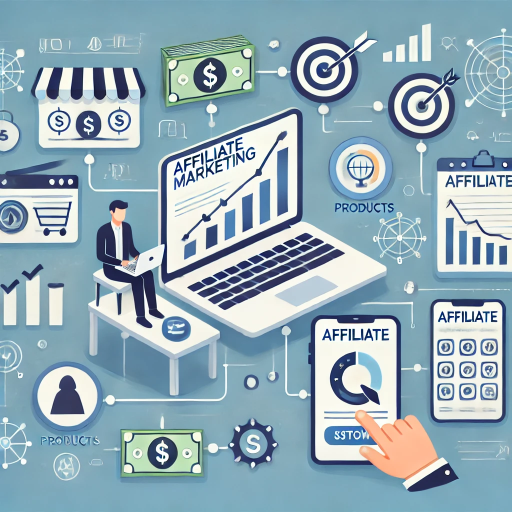 Illustration of affiliate marketing showing interconnected elements: a merchant offering products, an affiliate promoting them through online platforms, and commissions earned for successful sales or referrals."