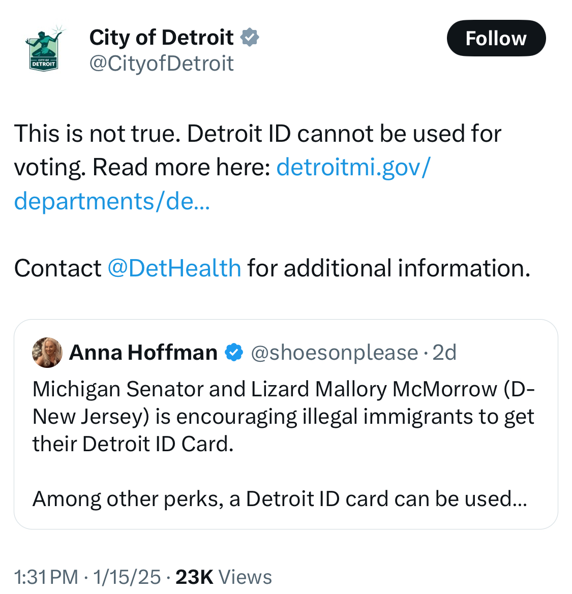 Screenshot reading "This is not true. Detroit ID cannot be used for voting. Read more here: detroitmi.gov/ departments/de...
Contact @DetHealth for additional information.
Anna Hoffman & @shoesonplease • 2d
Michigan Senator and Lizard Mallory McMorrow (D-New Jersey) is encouraging illegal immigrants to get their Detroit ID Card.
Among other perks, a Detroit ID card can be used..."