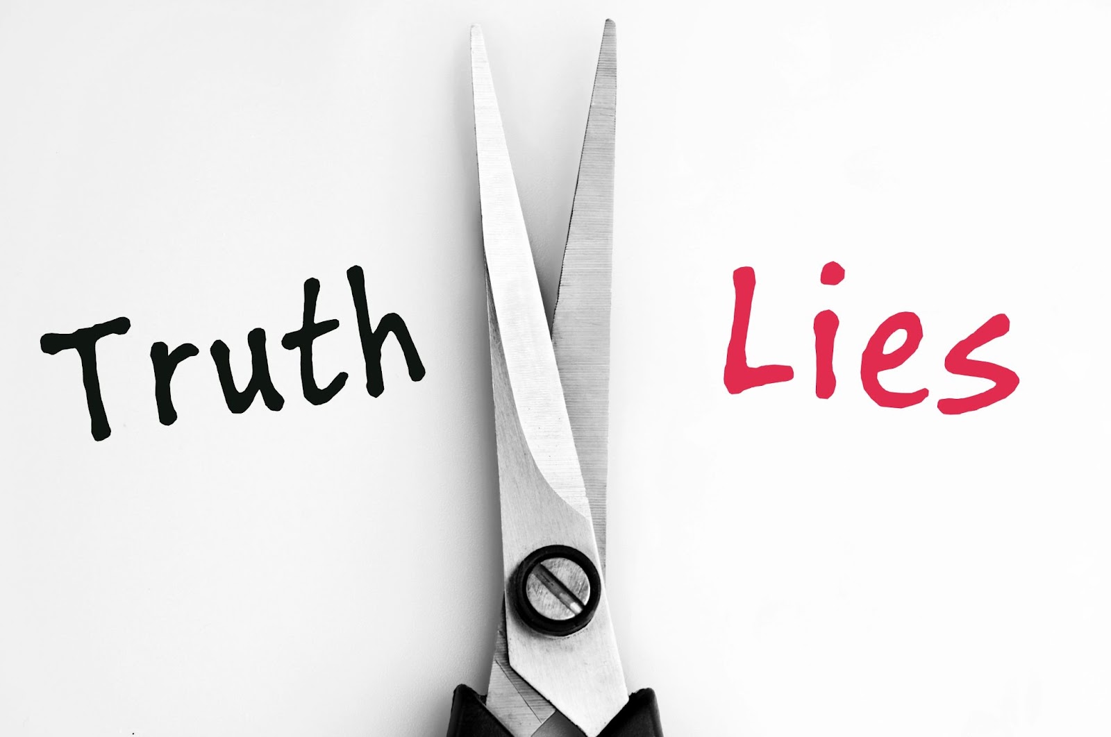 (A pair of scissors separates the words "Truth" and "Lies" written in black and red ink, respectively, highlighting the challenge of guessing the false statements.)