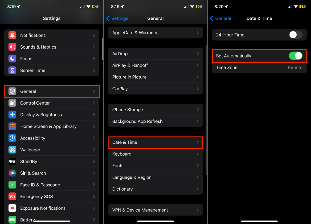 Steps to adjust date and time settings on an iPhone