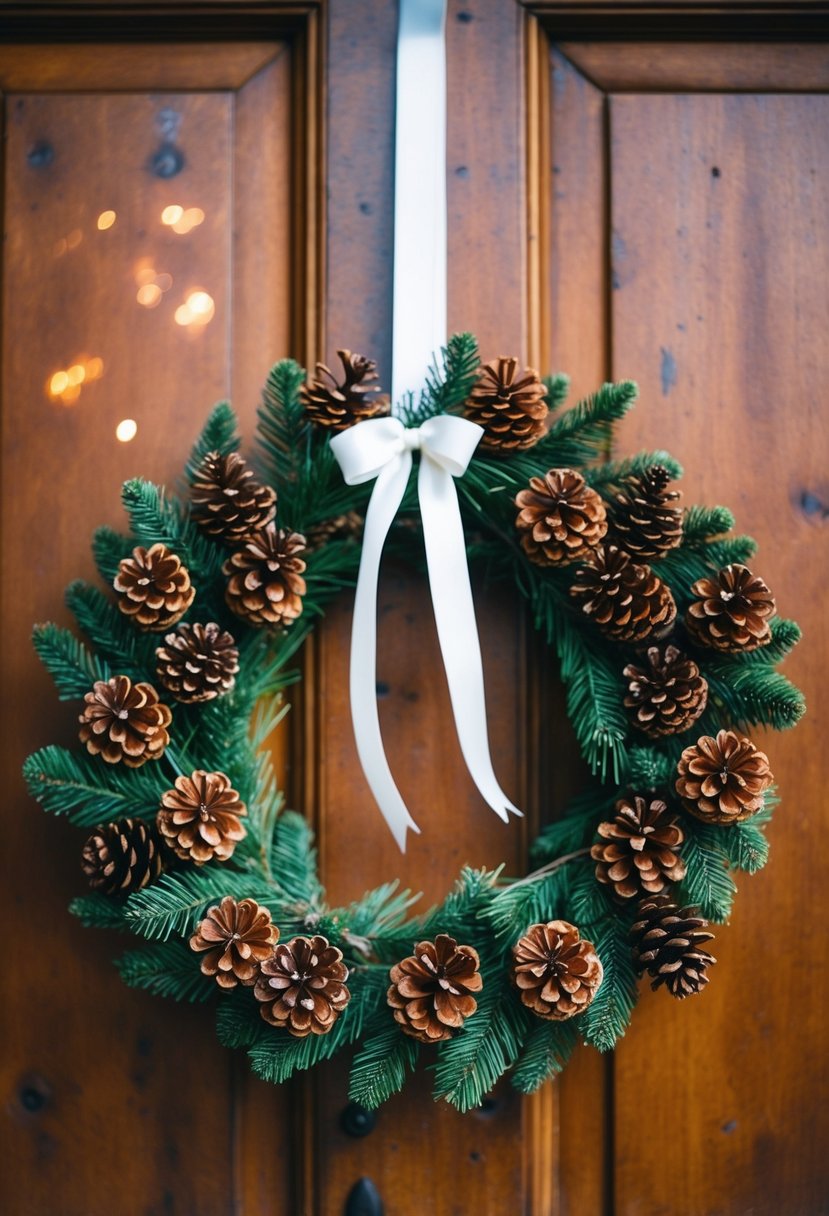 A pinecone and ribbon wreath hanging on a rustic wooden door