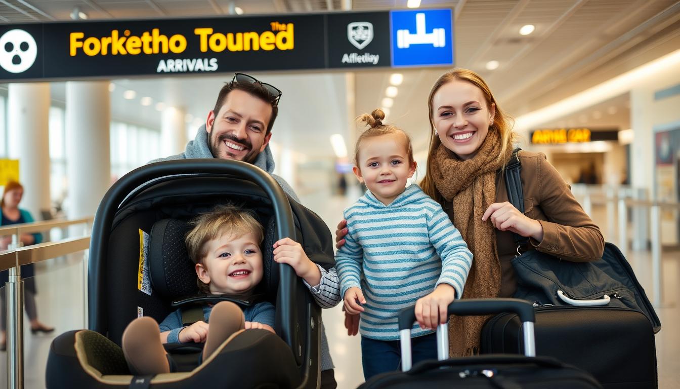 Happy family arriving at destination with car seat and luggage