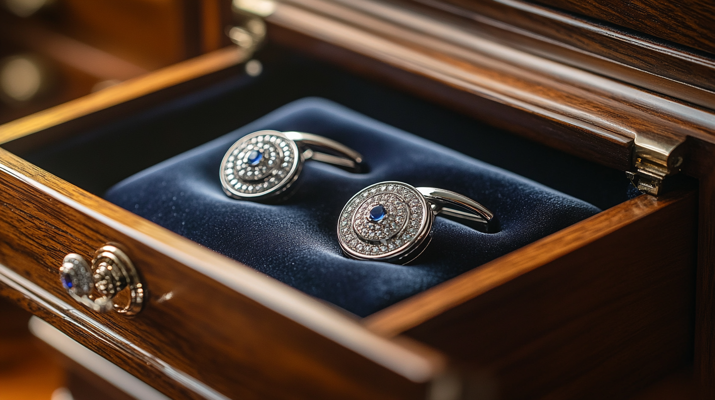 A pair of silver cufflinks displayed on a velvet tray inside an open wooden wardrobe. The cufflinks have a polished surface that gleams under soft lighting. The dark wood and subtle shadows create a refined, masculine look.