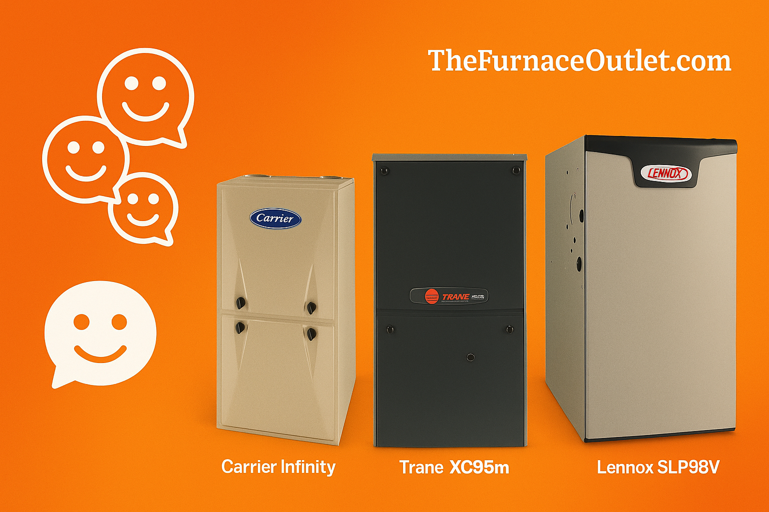 A promotional digital graphic for TheFurnaceOutlet.com features Carrier Infinity, Trane XC95m, and Lennox SLP98V furnaces with smiley chat icons on an orange background, representing positive homeowner reviews.