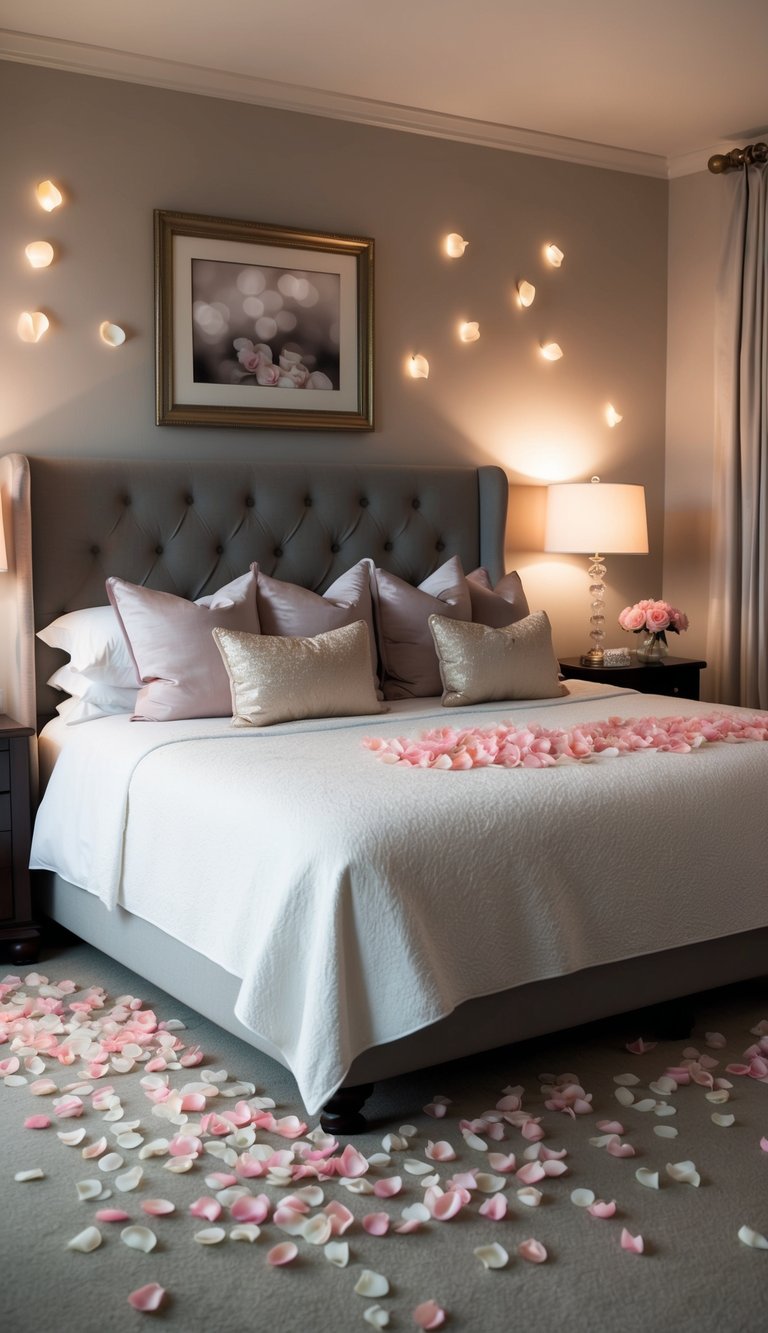 A master bedroom adorned with scattered rose petals, soft lighting, and elegant decor, creating a romantic and intimate atmosphere