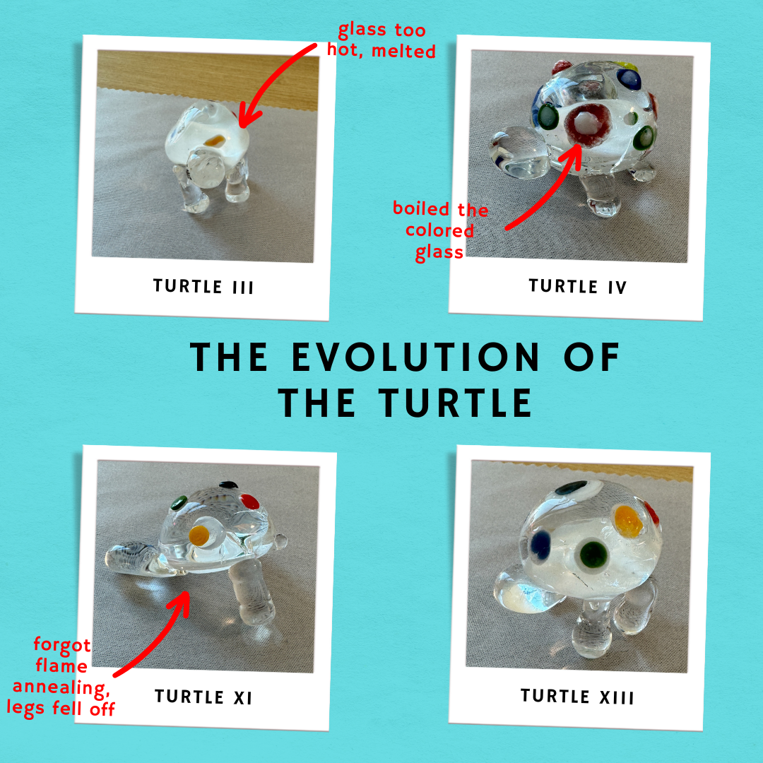 A graphic entitled, "The evolution of the turtle." The first photo is a clouded glass turtle with the description, "glass too hot, melted." The second photo's turtle has little spots and the description, "boiled the colored glass." The third turtle's leg is missing: "Forgot flame annealing, legs fell off." But the final turtle is standing with small, neat colored dots.