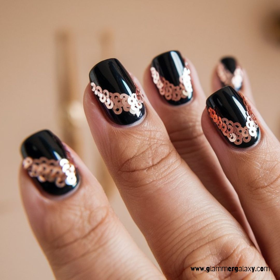 Black and Rose Gold Nail Designs having Rose Gold Sequin Accents on Black Base
