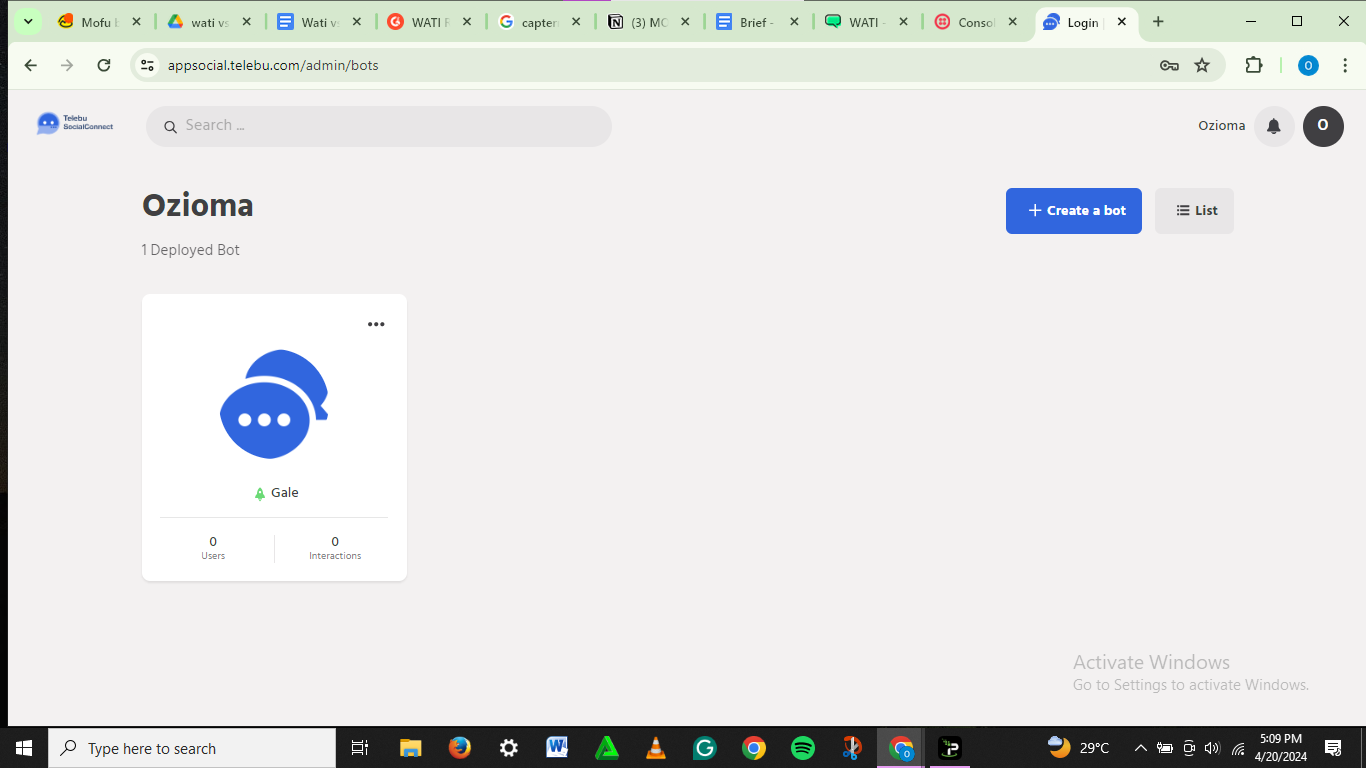 TelebuSocial dashboard showing number of deployed bots.