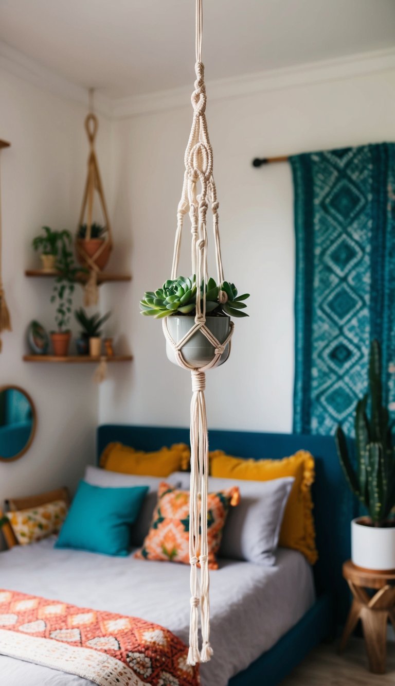 A macrame hanging succulent planter in an eclectic boho bedroom