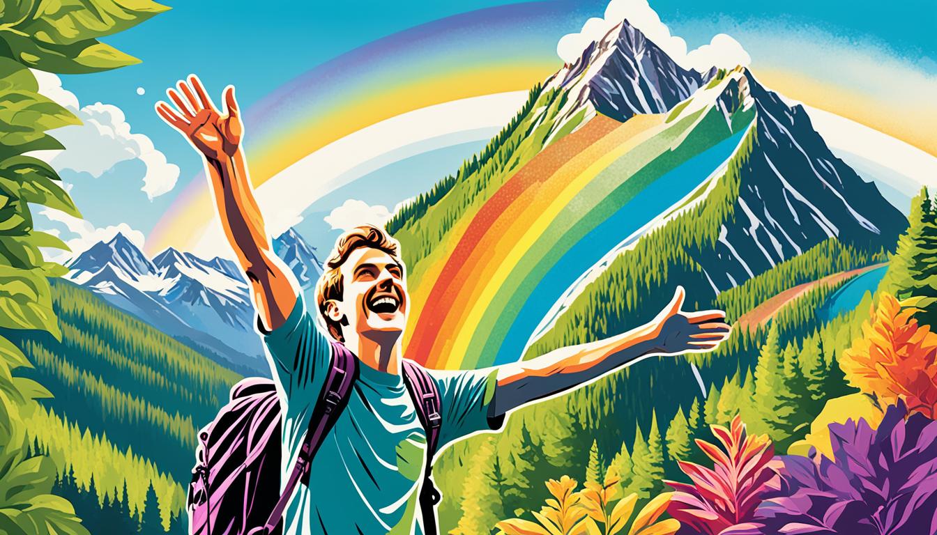 A n image of a person standing at the foot of a mountain, looking up towards its peak. The person is holding a bag of money in one hand and a map in the other. Above the mountain, there is a vibrant rainbow stretching across the sky. Surrounded by trees and plants, the person looks confident and determined to reach their destination. The sun is shining brightly, casting warm light on the scene.