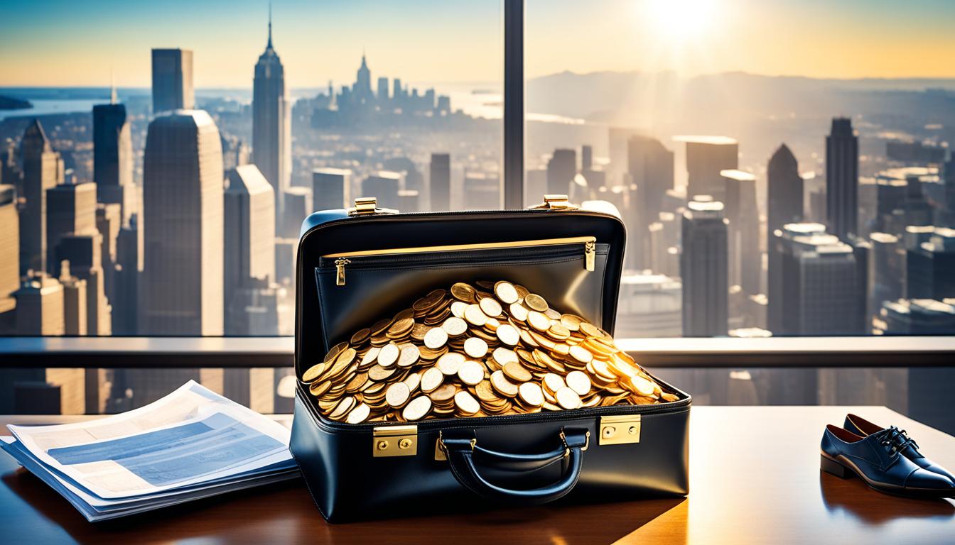 A golden mountain of coins and bills overflowing from a sleek, modern briefcase. The briefcase sits on a polished wood desk in a spacious office with floor-to-ceiling windows offering a panoramic view of the city skyline. The sun shines bright through the windows, casting a warm, inviting glow on the scene. In the foreground, a pair of elegant leather shoes sit next to the briefcase, suggesting someone has just arrived to collect their financial abundance.