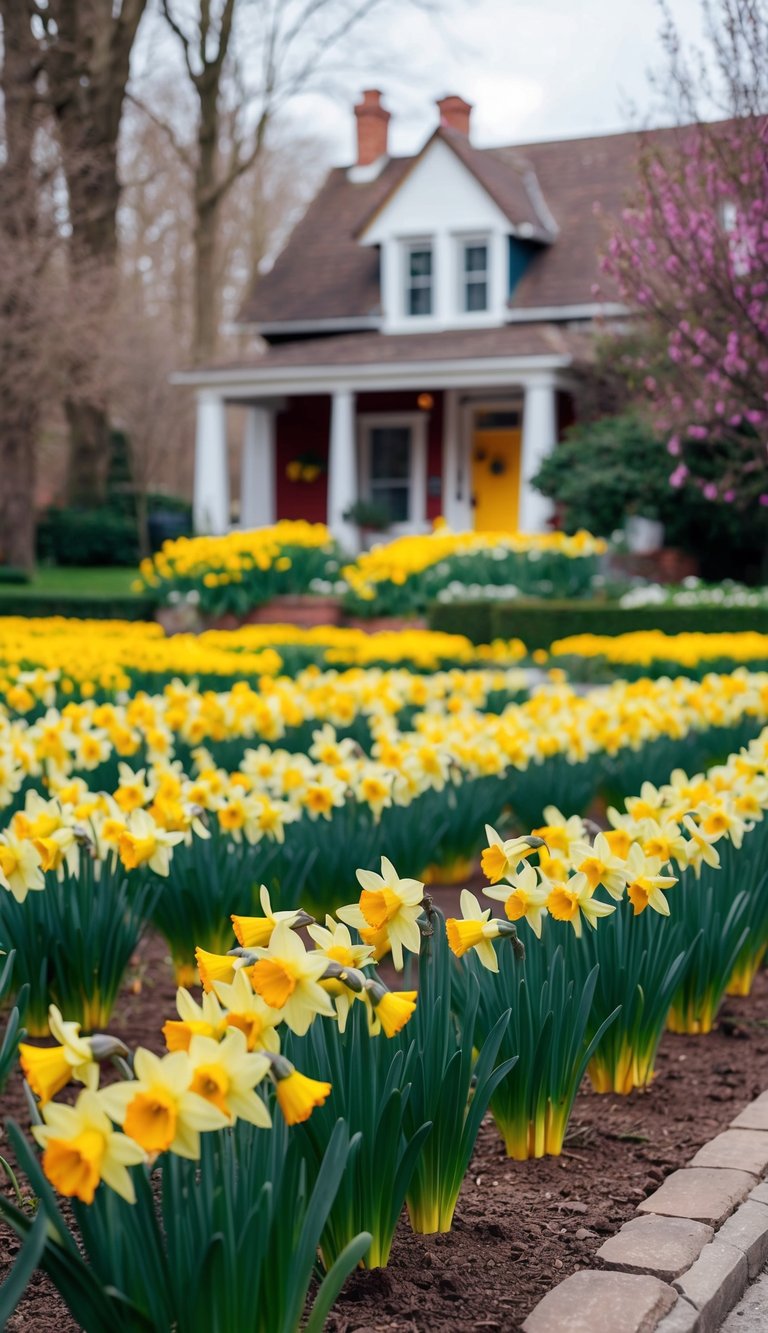 21 flower beds of daffodils bloom in front of a quaint house