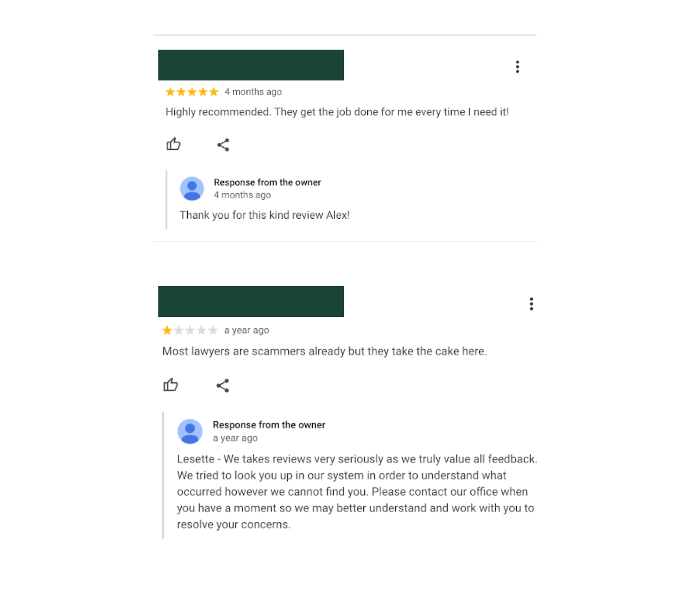 Two examples of professional replies to positive and negative reviews