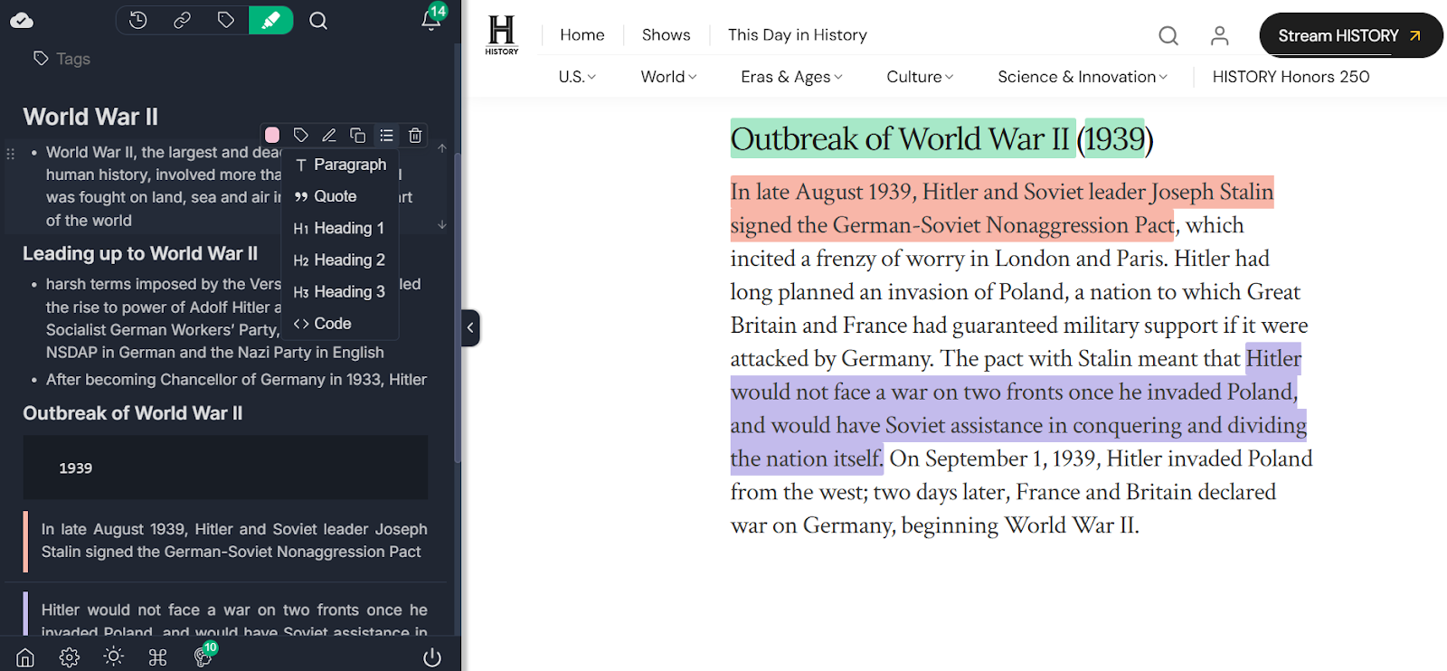 Formatted highlighting in Web Highlights to highlight as H2, H3, bullets or codes