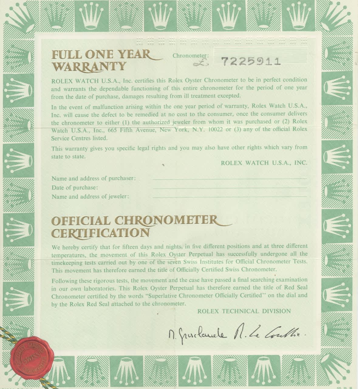 Vintage Rolex warranty and official chronometer certification document from the 1980s, highlighting the importance of authentic documentation in verifying luxury watches