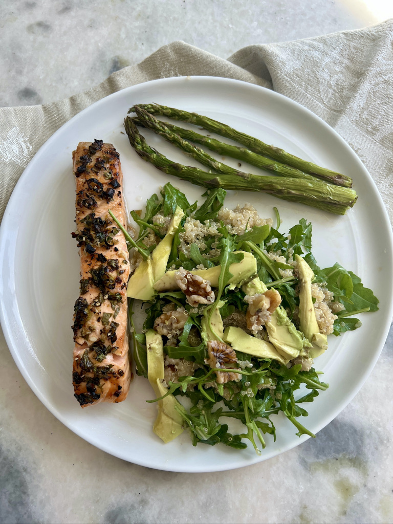 grilled salmon with herbs asparagus quinoa salad with arugula - fertility meal plan and recipes for fertility - Wenatal